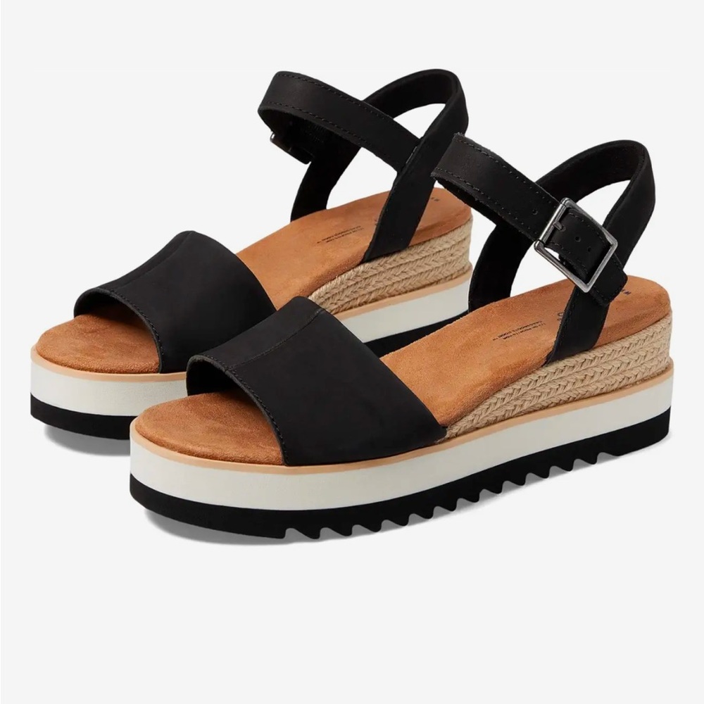TOMS Diana Black Leather Wedge Sandal Size 8